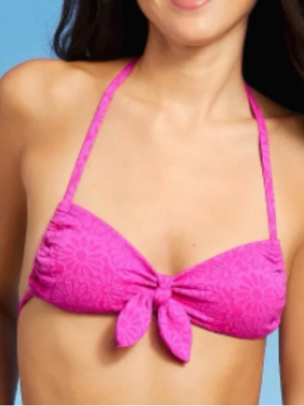 Hot Pink Floral Knot Halter Bikini Top - Women Swim